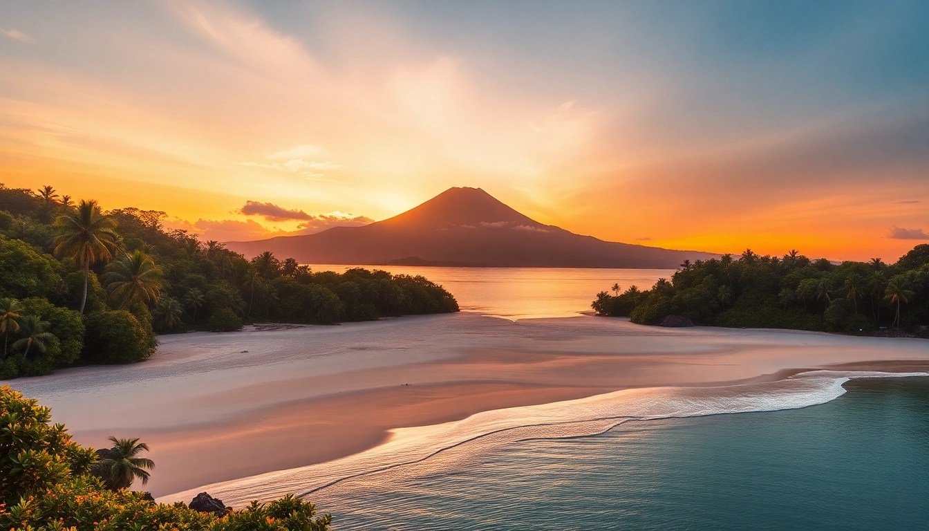 Stunning sunset over Lombok's pristine beaches with Gunung Rinjani in the background, showcasing natural beauty and tranquility.