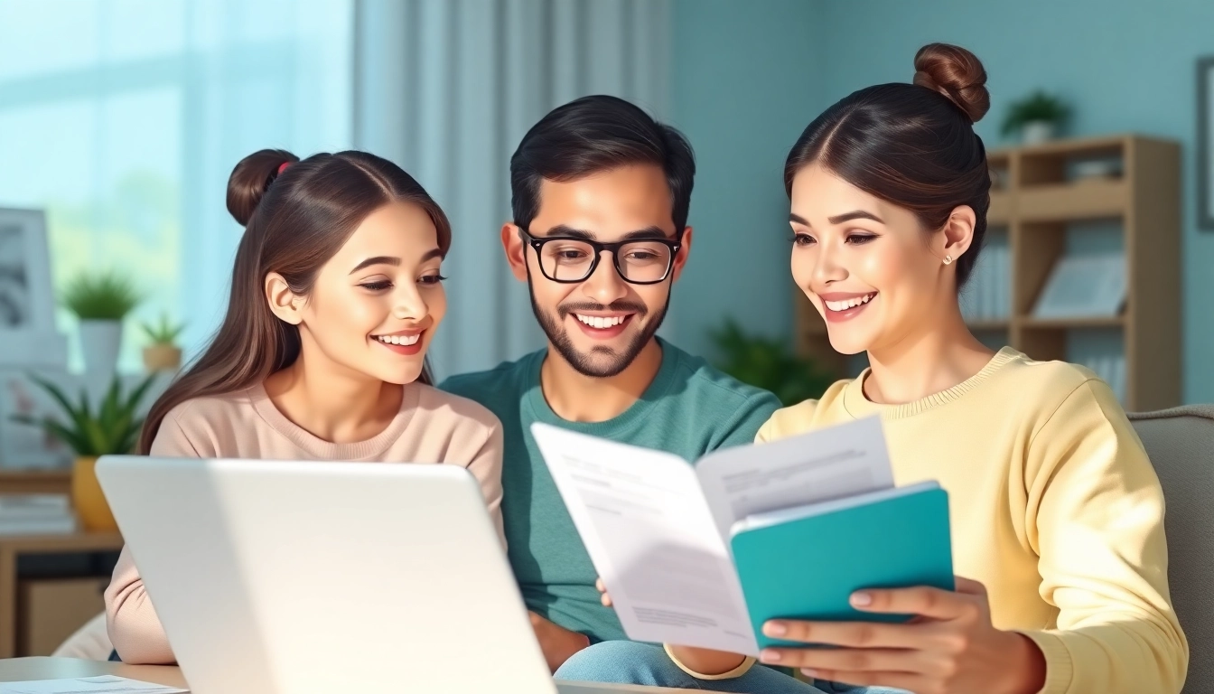 Family reviews affordable health insurance options on a tablet in a bright home office.