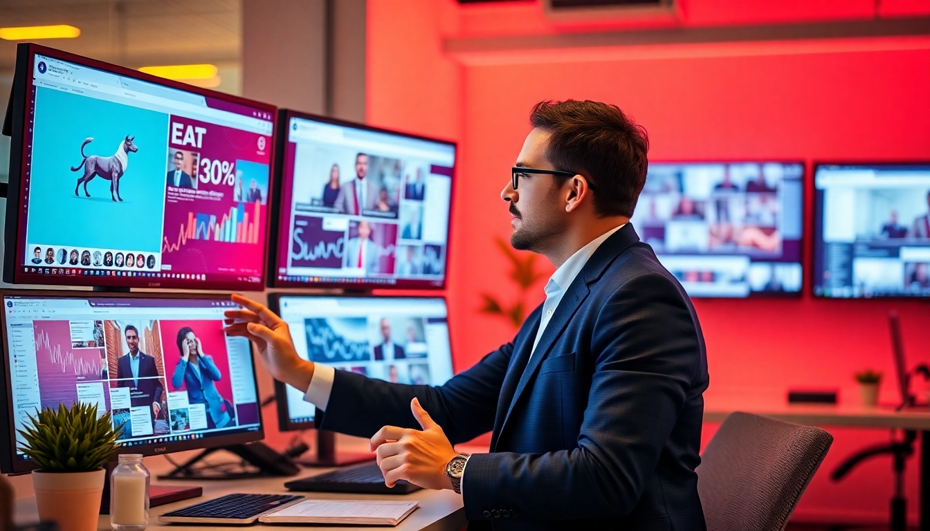 Social media industry news overview with professionals analyzing digital trends on screens