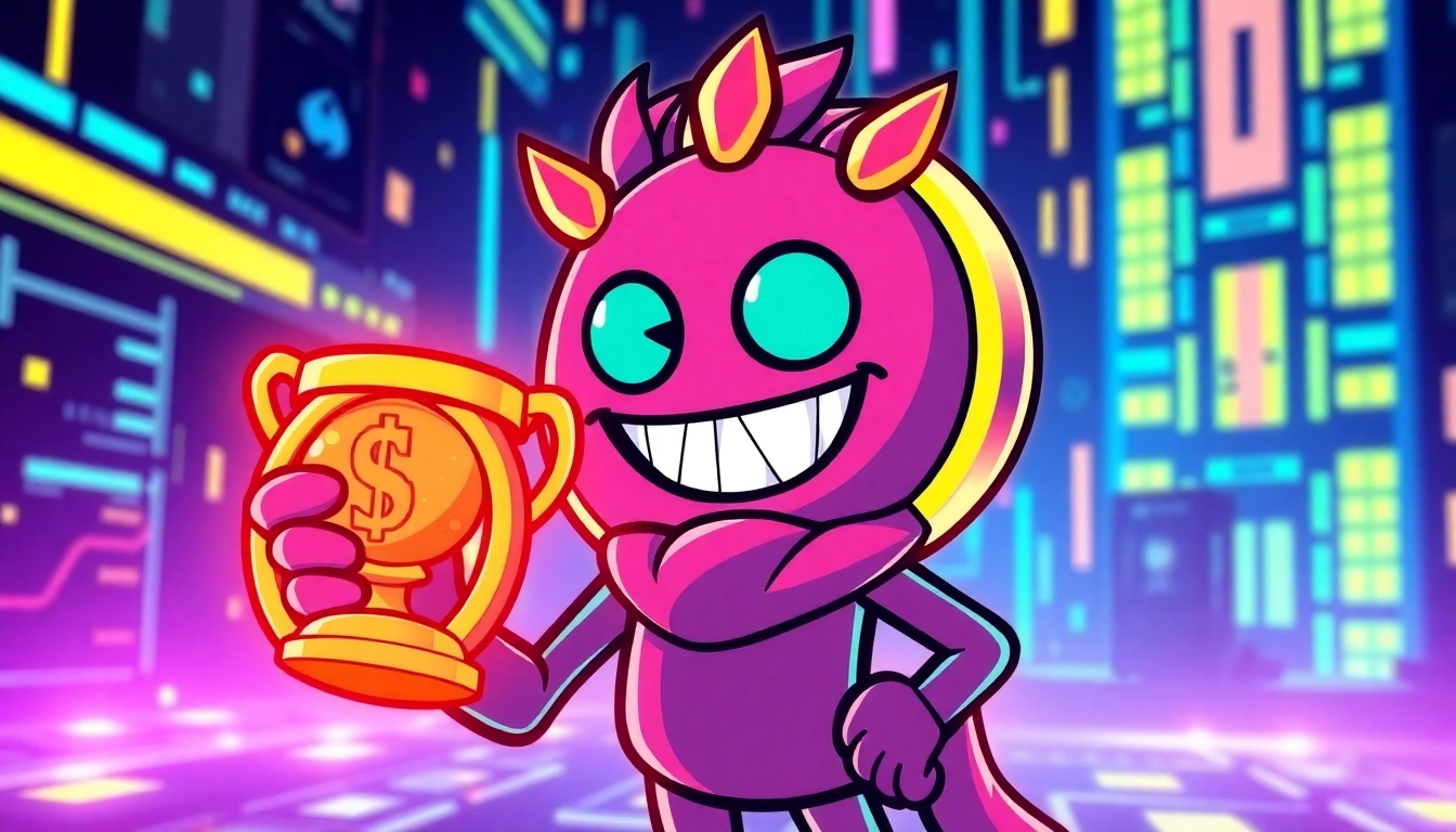 Solana Meme Coin illustration showcasing a lively mascot celebrating community rewards and