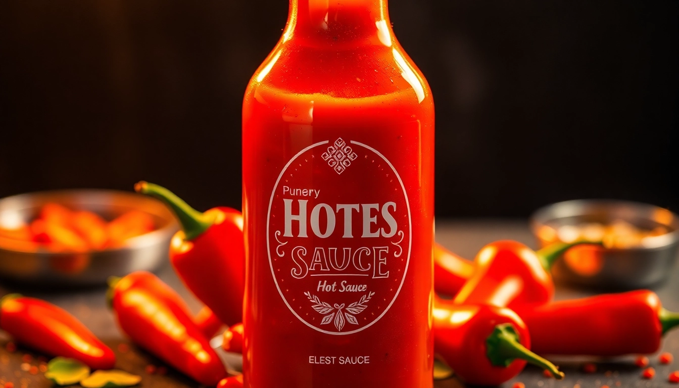 Premium hot sauce bottle with fresh chili peppers and spices, highlighting bold flavors and